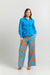 Enhle TOPS Capri Blue Ruched Button Up Cotton Blouse with Capri Blue & Orange Floral Cotton Palazzo Pants