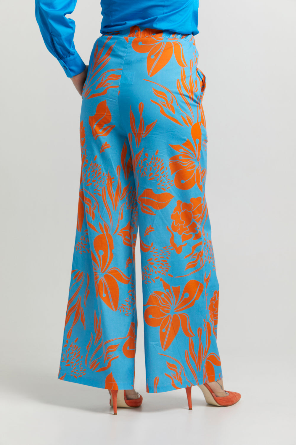 Enhle PANTS Capri Blue & Orange Floral Cotton Palazzo Pants