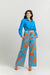 Enhle TOPS Capri Blue Ruched Button Up Cotton Blouse with Capri Blue & Orange Floral Cotton Palazzo Pants