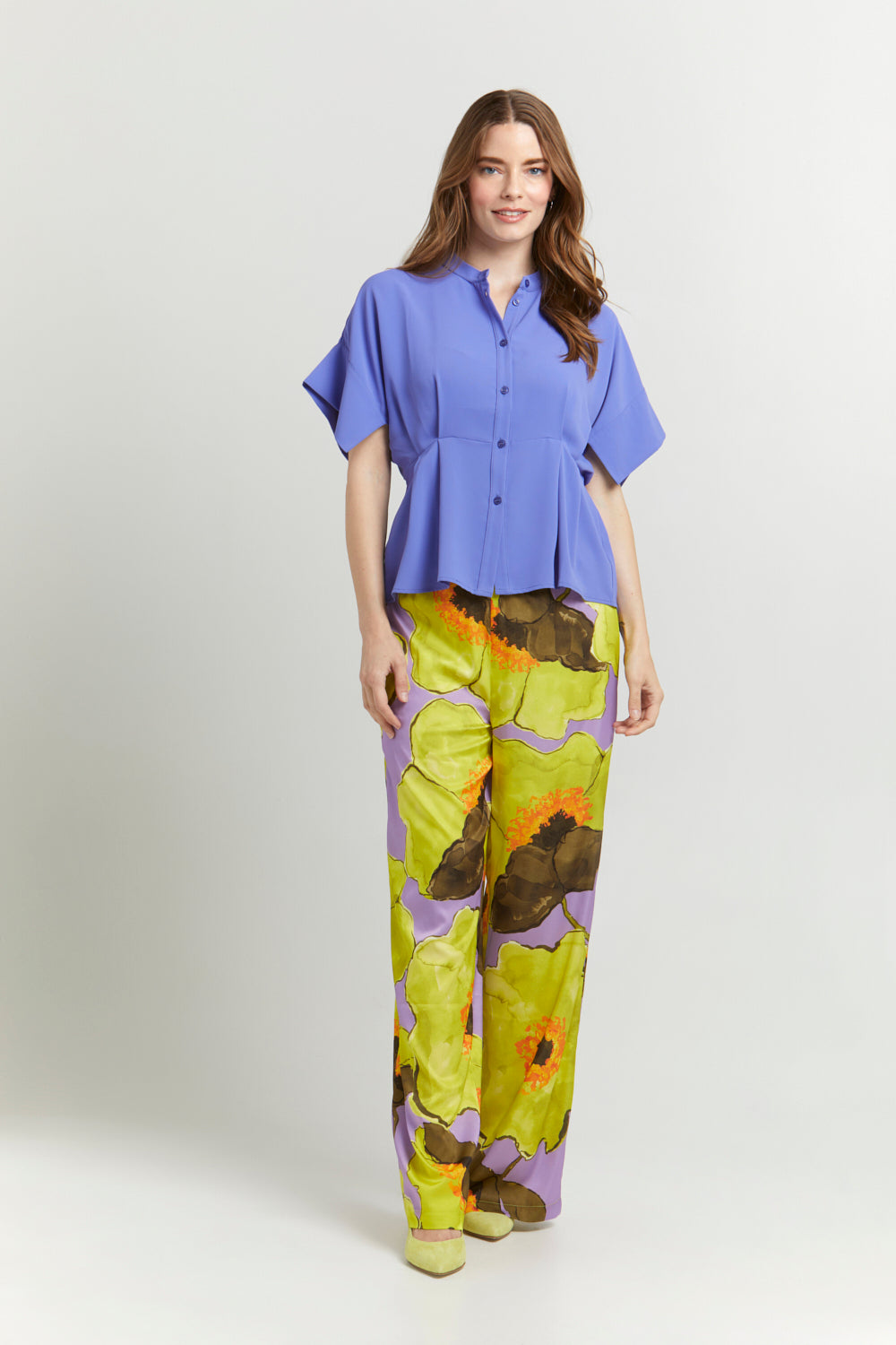 Enhle TOPS Lilac Short Sleeves Peplum Blouse with Orchid Floral Print Satin Palazzo Pants