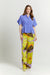 Enhle PANTS Orchid Floral Print Satin Palazzo Pants with Lilac Short Sleeves Peplum Blouse