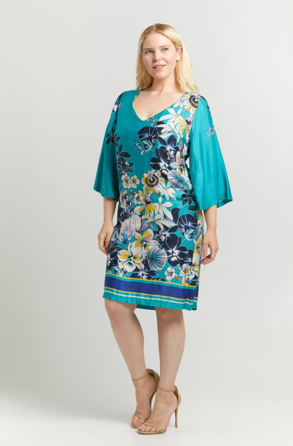 Oltretempo DRESSES Plus Size Napoli Turquoise Floral Print Satin Dress