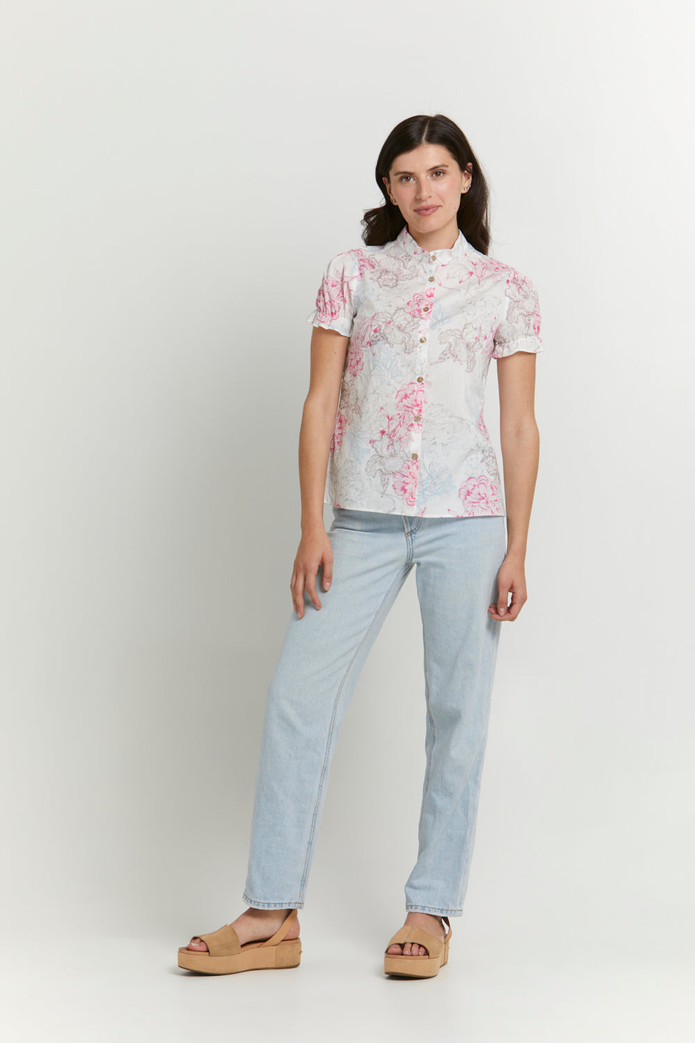 Marisé Eco . Couture TOPS Mia White Floral Print Puff Sleeve Shirt