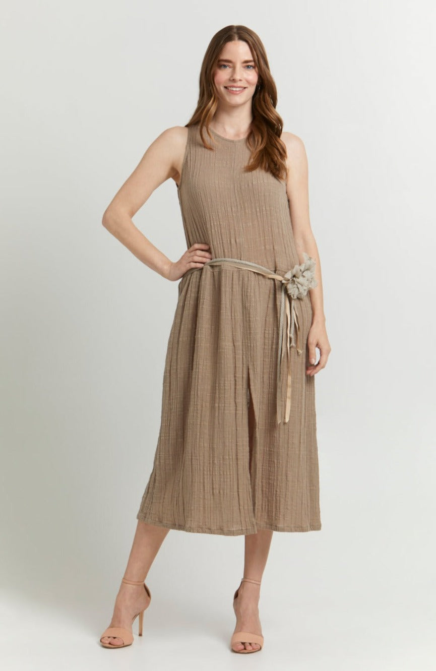 Eliani DRESSES Lisa Taupe Belted Linen Midi Dress