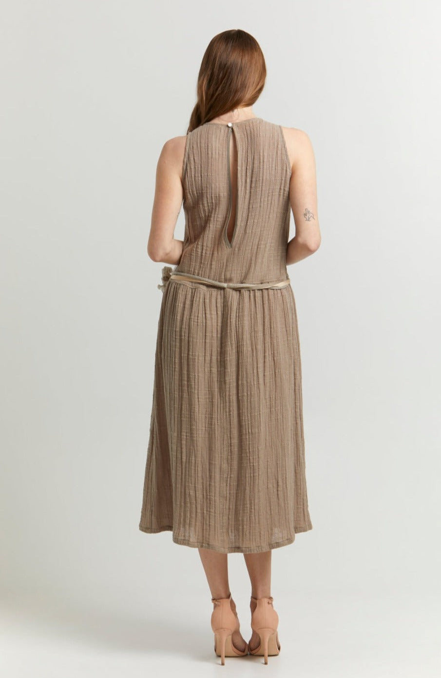 Eliani DRESSES Lisa Taupe Belted Linen Midi Dress