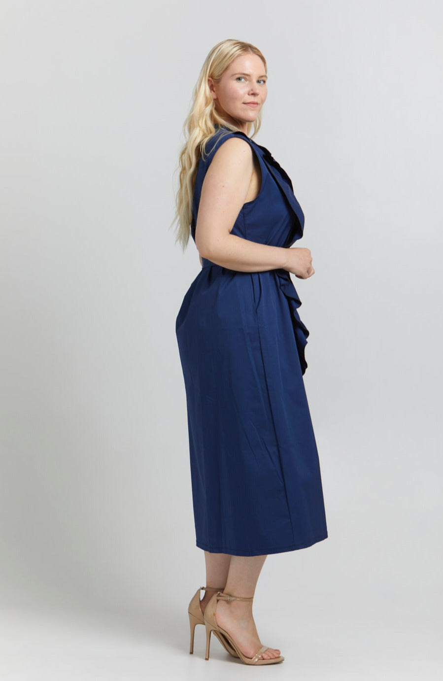 Bravaa DRESSES Lauren Navy Blue Ruffled Shirt Dress Large 