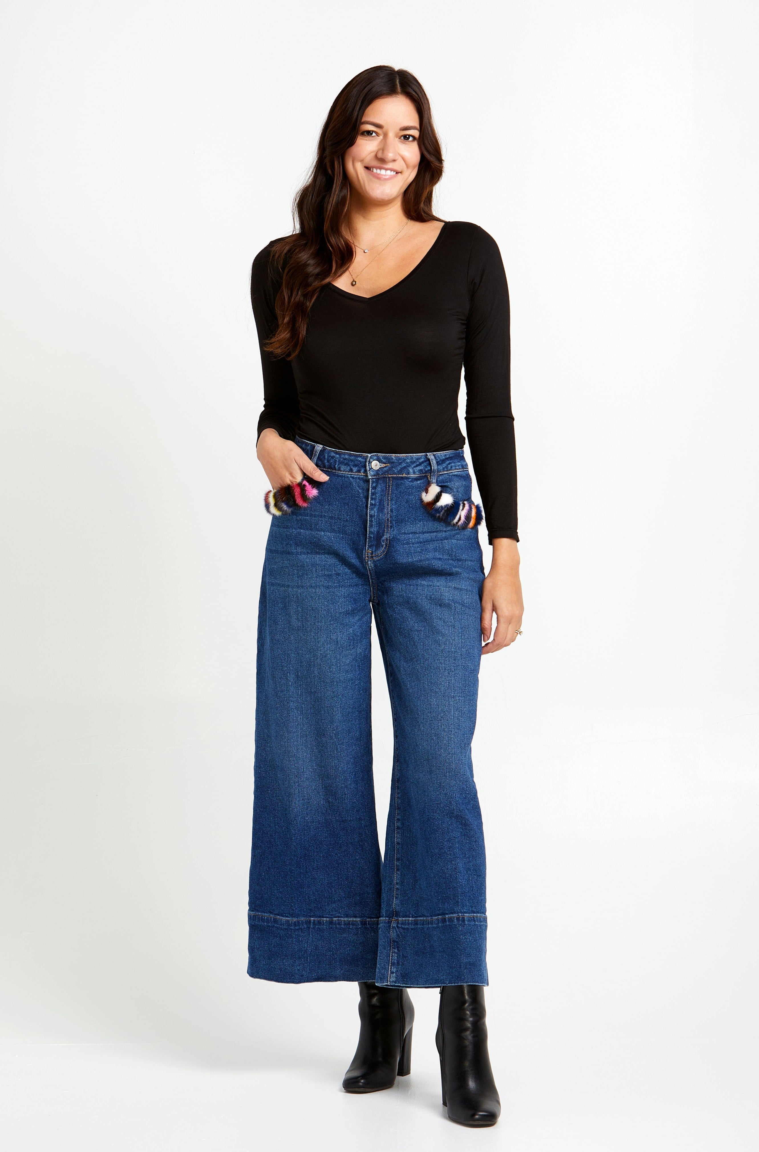 AnnaCristy Milano Angelina Fur Detail Wide-Leg Ankle Jeans- Made in Italy