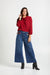 AnnaCristy Milano Angelina Fur Detail Wide-Leg Ankle Jeans with Adelina Red Ruffle Blouse- Made in Italy