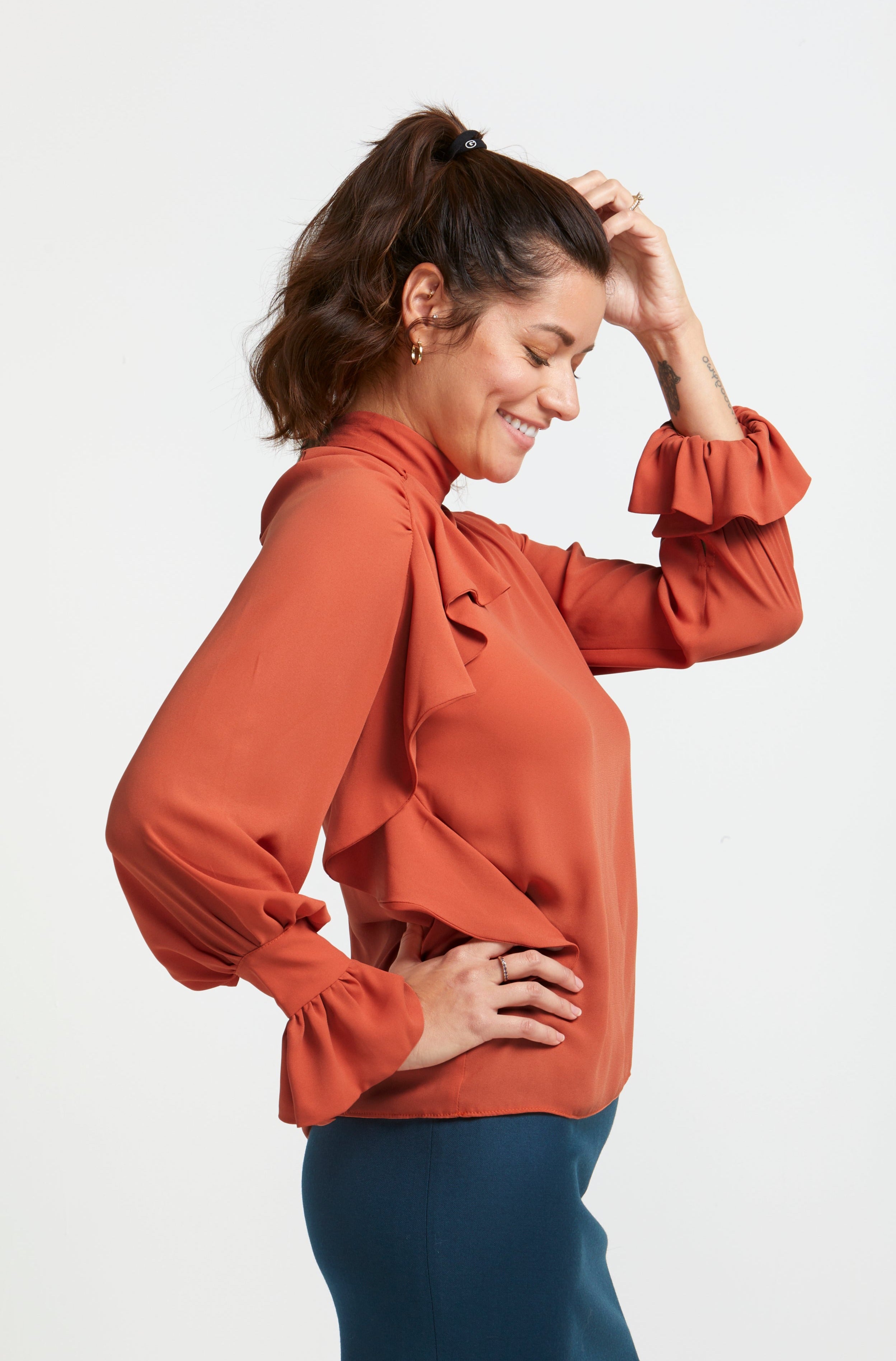 Sara Sabella Anna Orange Soft Ruffled Lightweight Blouse Side View- Made in Italy Women's Clothing