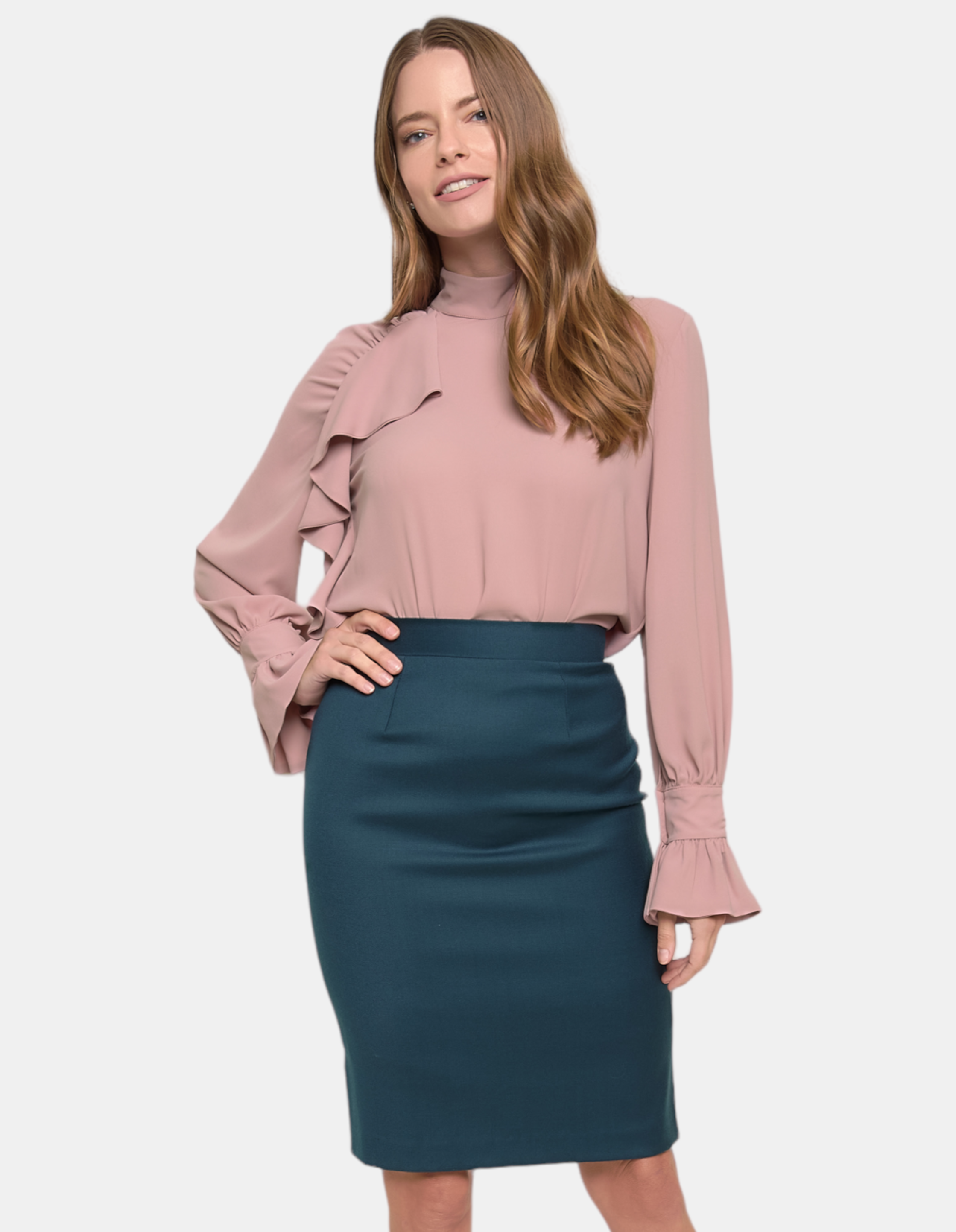 Sara Sabella Plus Size Anna Pink Soft Ruffled Lightweight Blouse With Blue Marine Skirt Front View- Made in Italy Women's Clothing