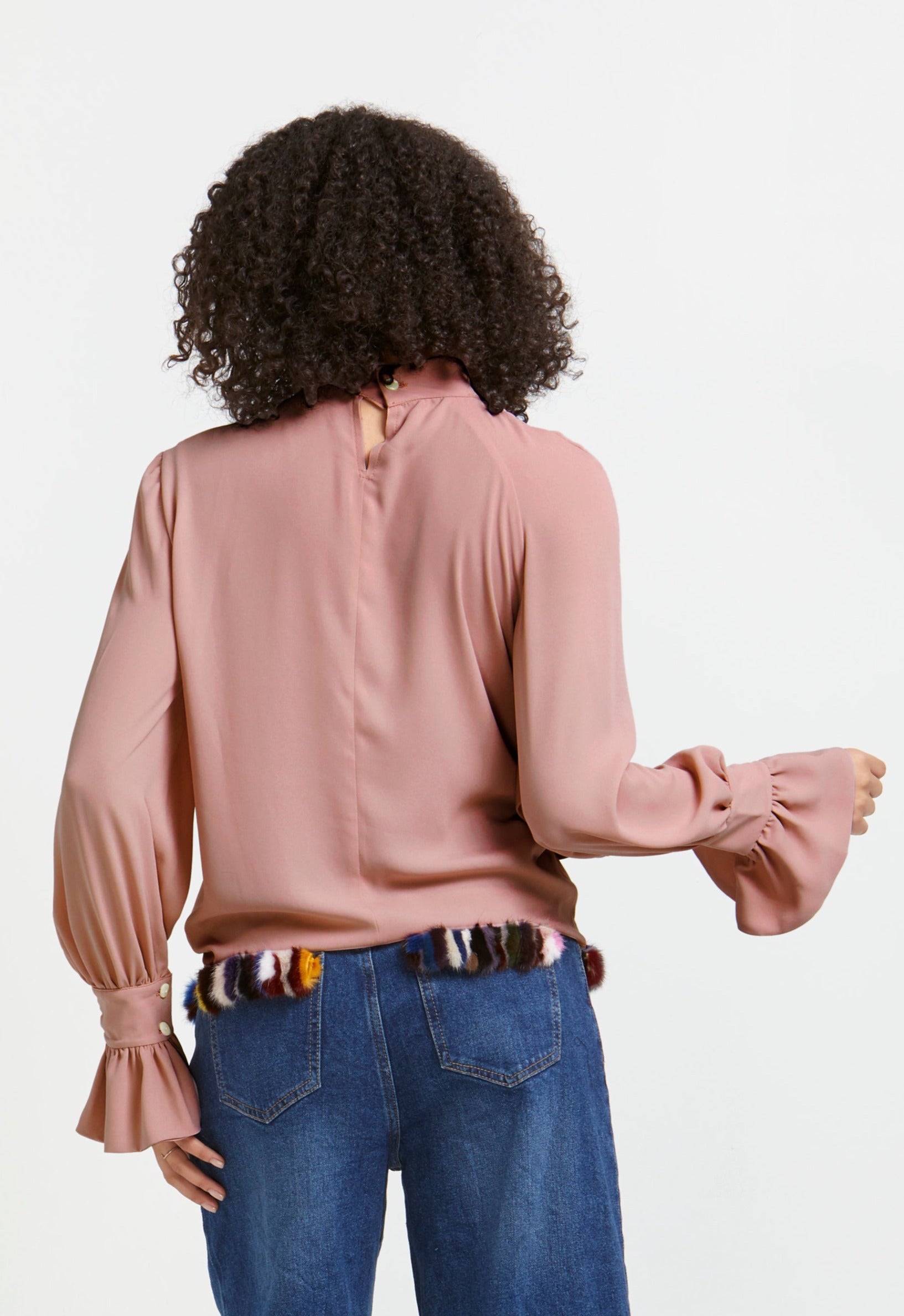 Sara Sabella Anna Pink Soft Ruffled Lightweight Blouse With Fur Trim Jean  Back View- Made in Italy Women's Clothing