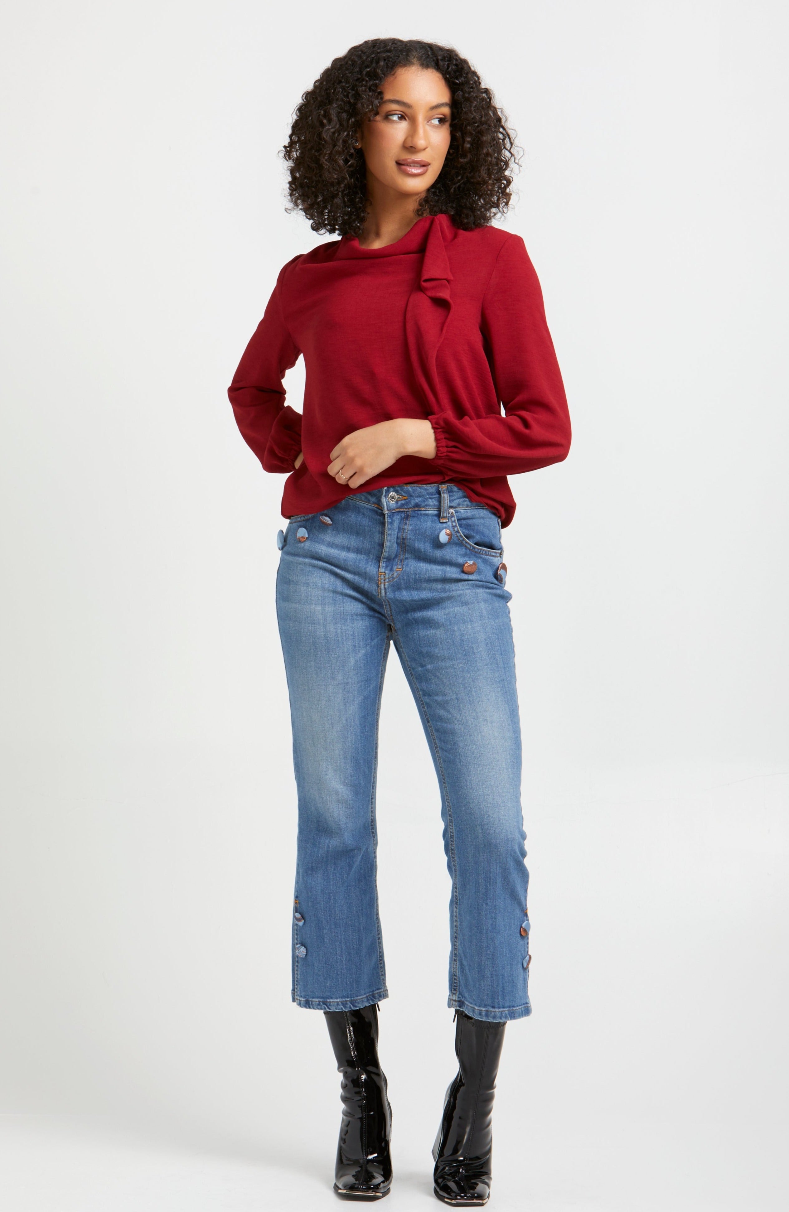 AnnaCristy Milano High Rise Cropped Cotton Jeans with Adelina Red Ruffle Blouse- Made in Italy