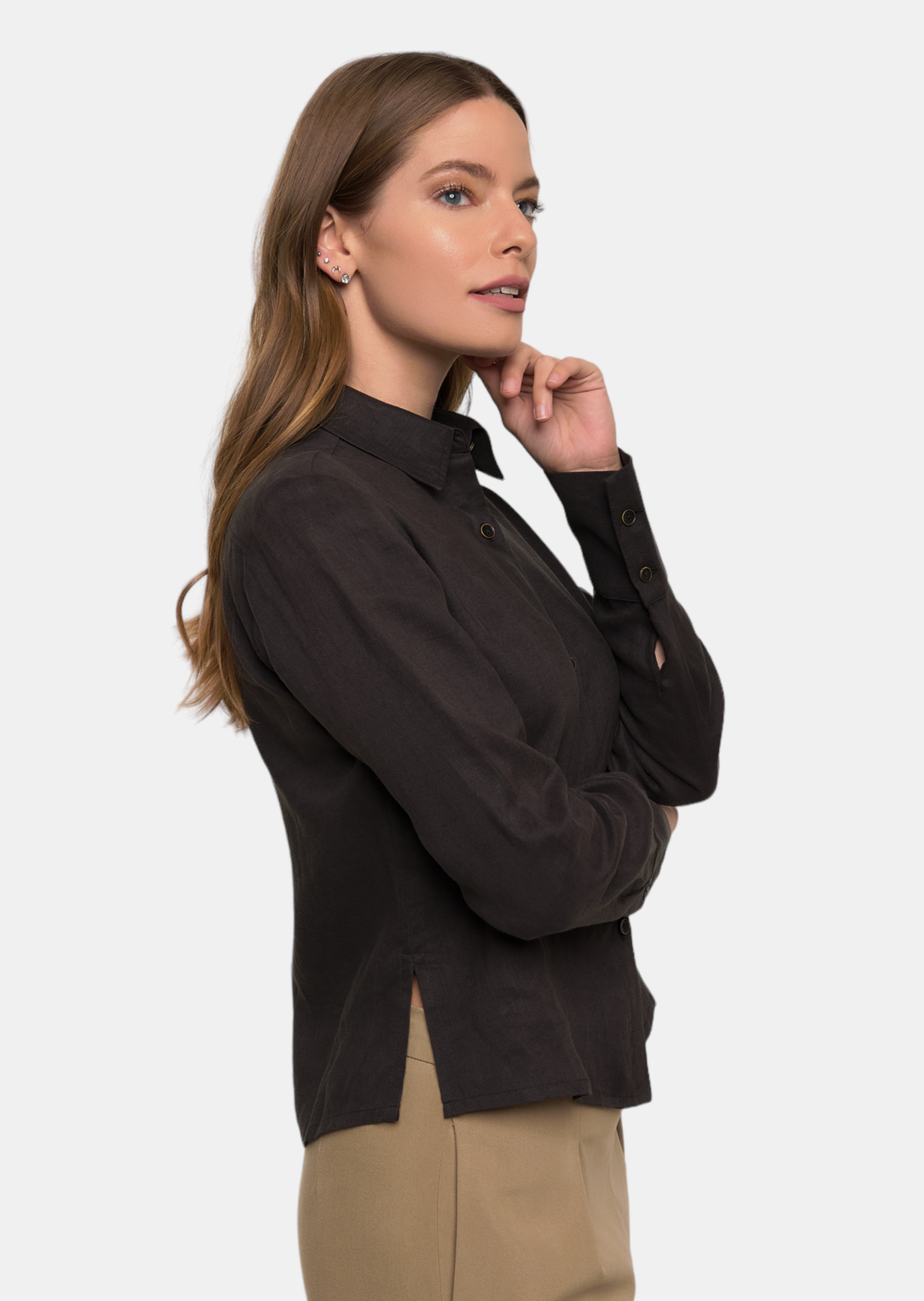 Marisé Eco . Couture  Luna Charcoal Grey Collared Button Up Long Sleeve Shirt- Italian Women Clothing