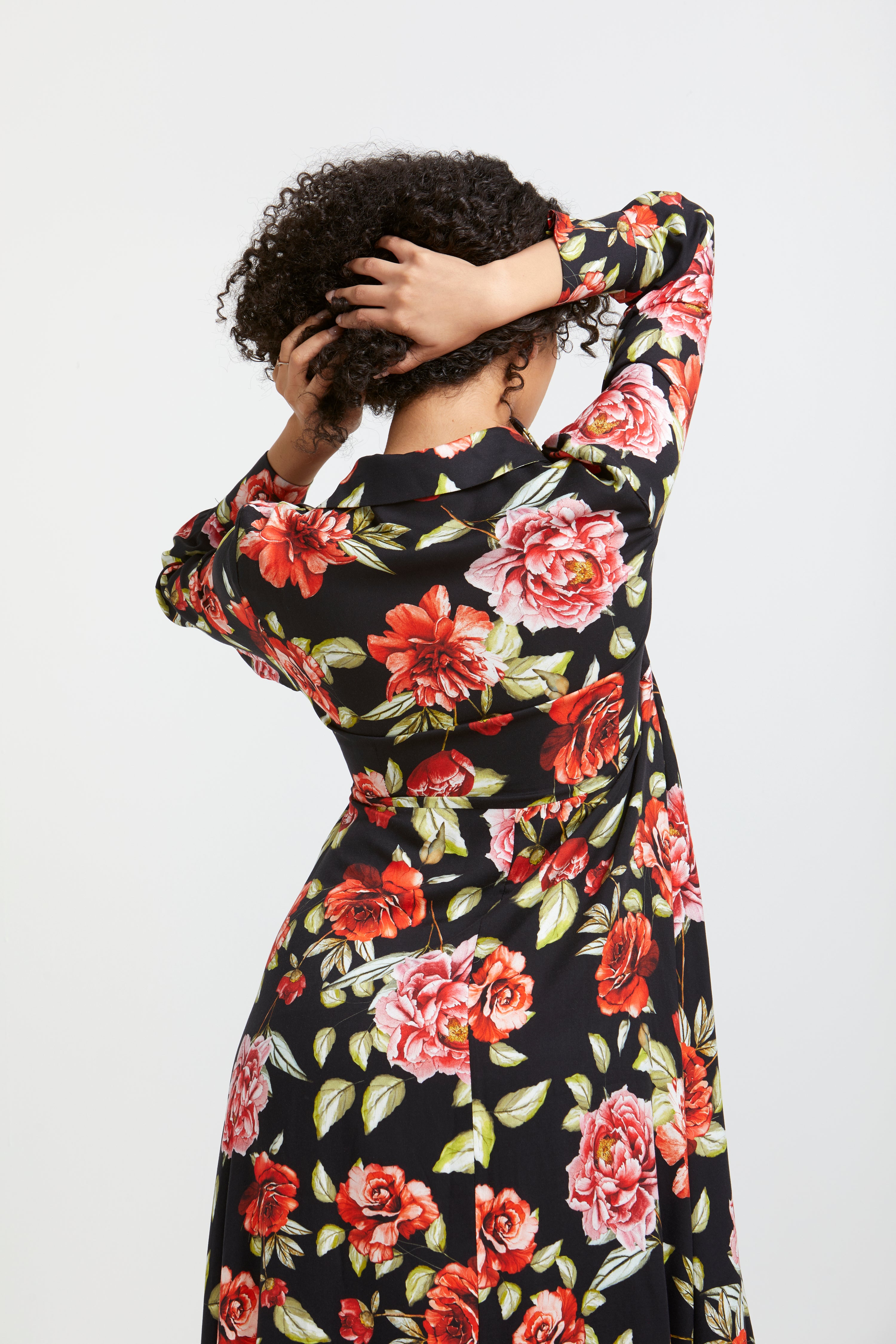 AnnaCristy Milano Natalia Black Floral Wrap Dress Back Closeup- Made in Italy