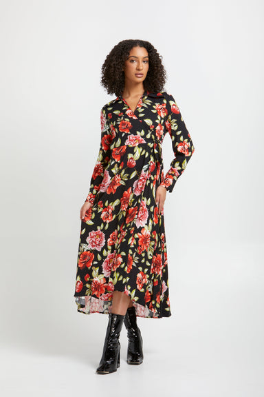 AnnaCristy Milano Natalia Black Floral Wrap Dress Front- Made in Italy