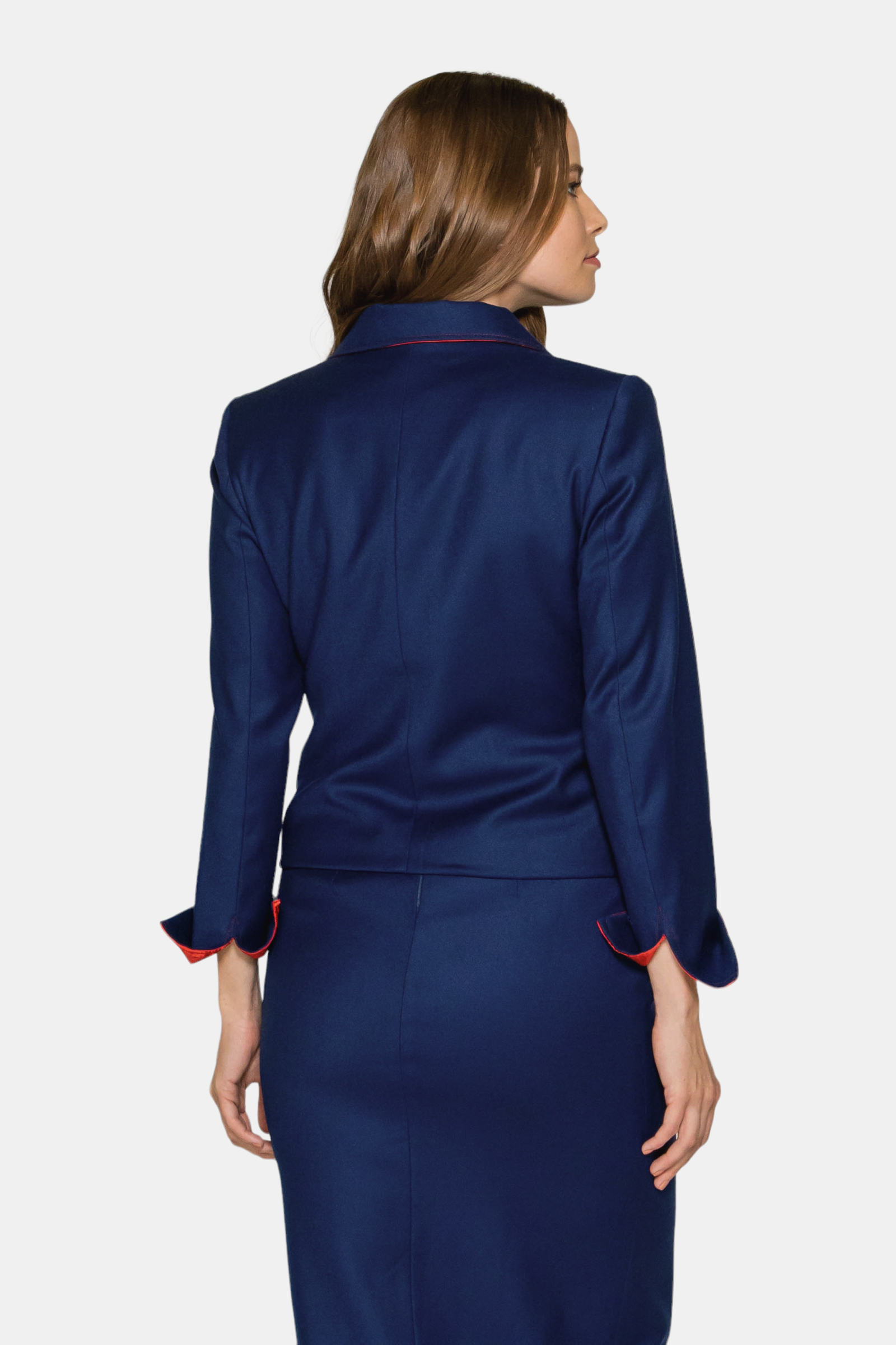 Sara Sabella 2-Piece Set Navy Blue Jacket & Midi Skirt Suit Set Back View- Made in Italy Women's Suit Clothing