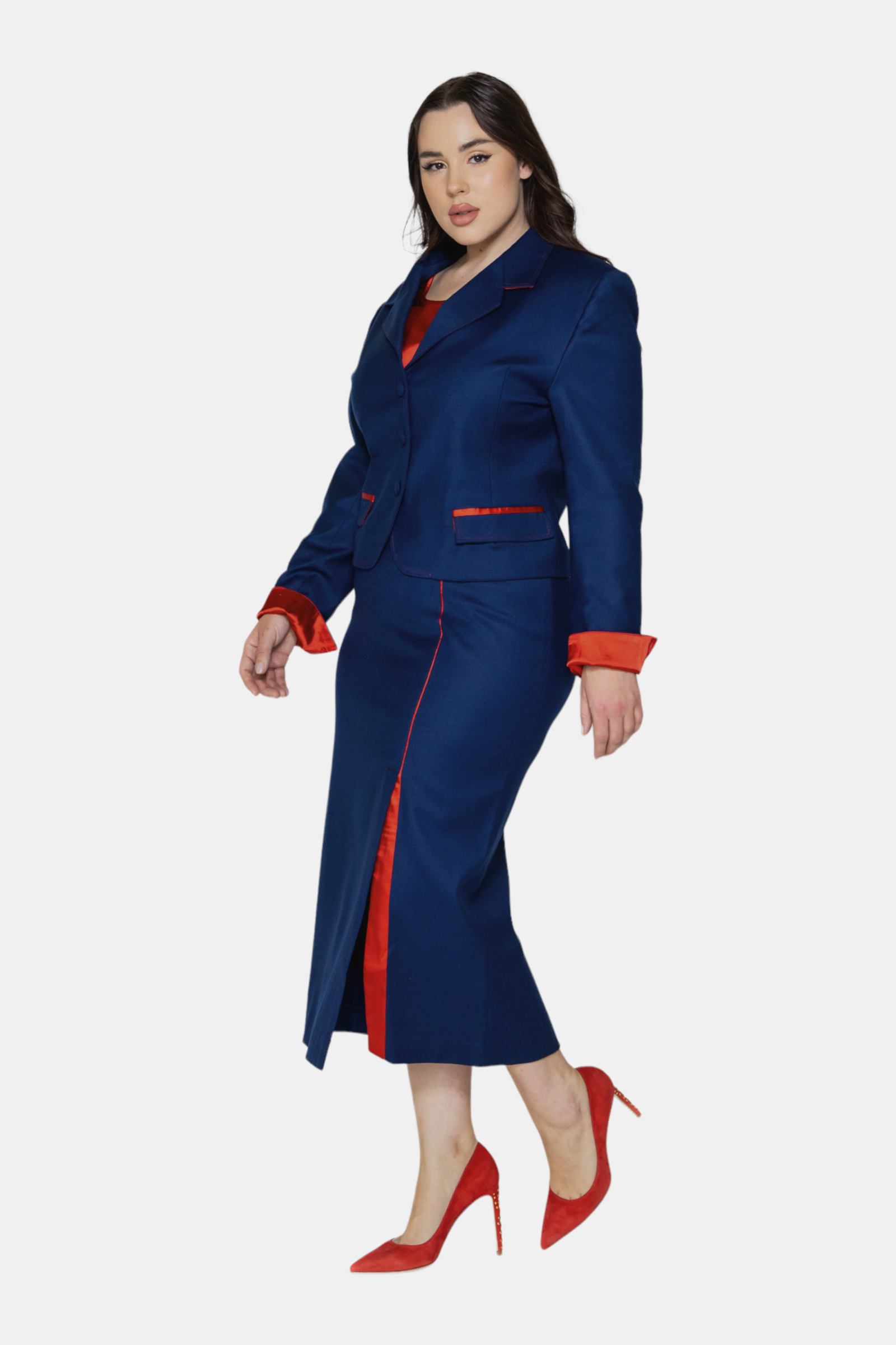 Sara Sabella 2-Piece Set Navy Blue Jacket & Midi Skirt Suit Set Plus Size- Made in Italy Women's Suit Clothing