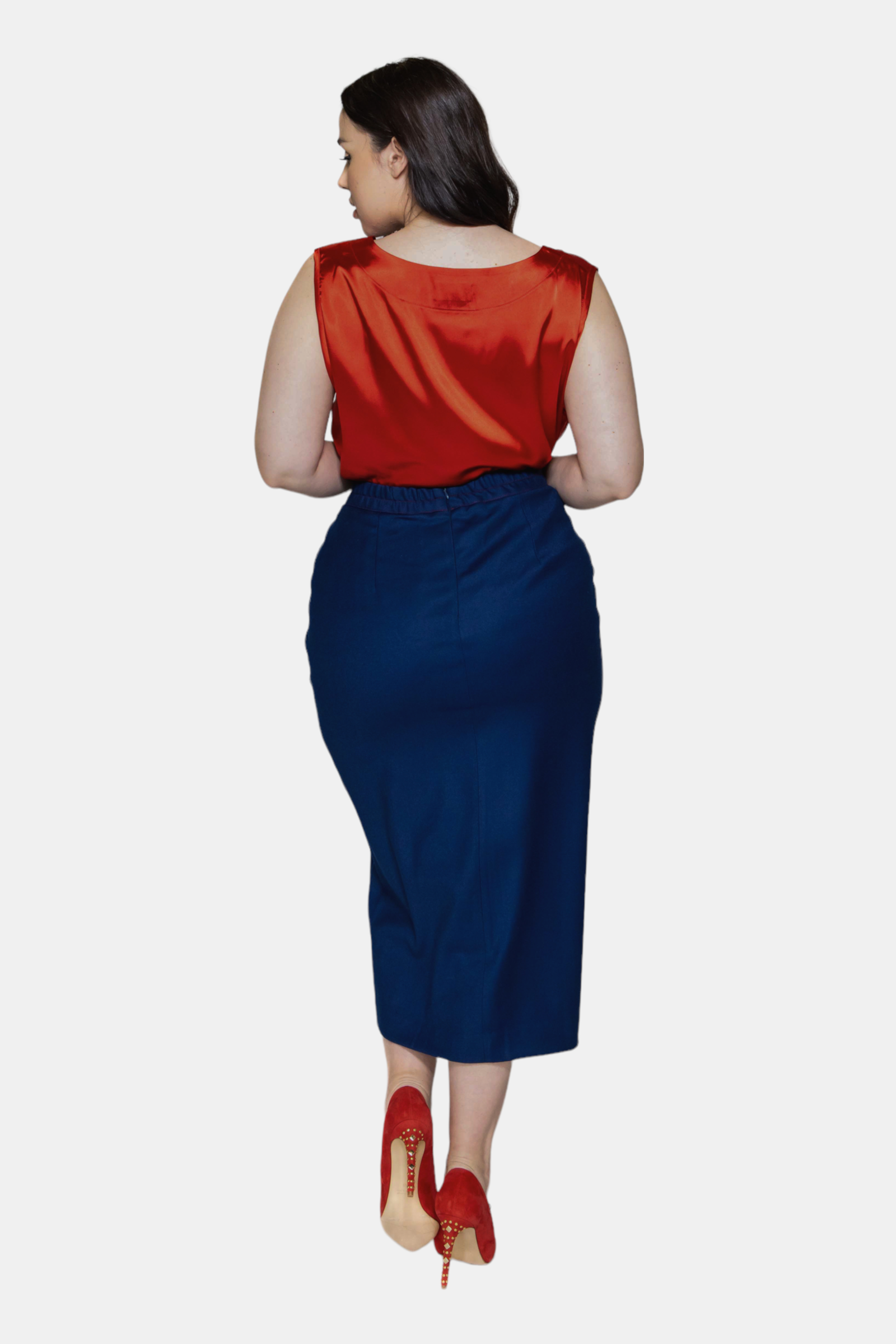 Sara Sabella 2-Piece Set Navy Blue Jacket & Midi Skirt Suit Set Plus Size Elastic Waist Skirt- Made in Italy Women's Suit Clothing