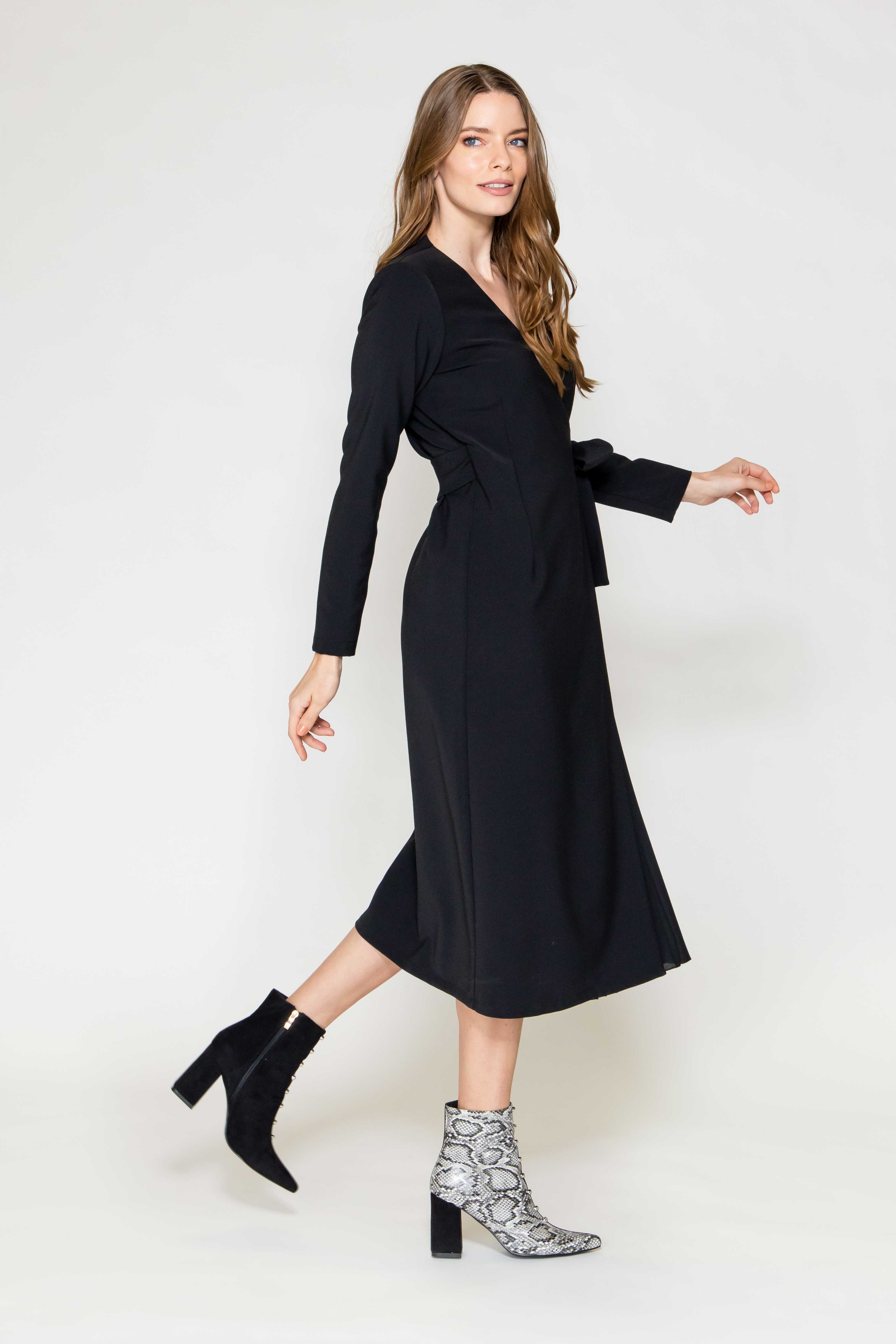 Cristina Gavioli Sofia Black Pleated Long Sleeve Wrap Dress with Ronan Black Suede Boots- Italian Women Clothing