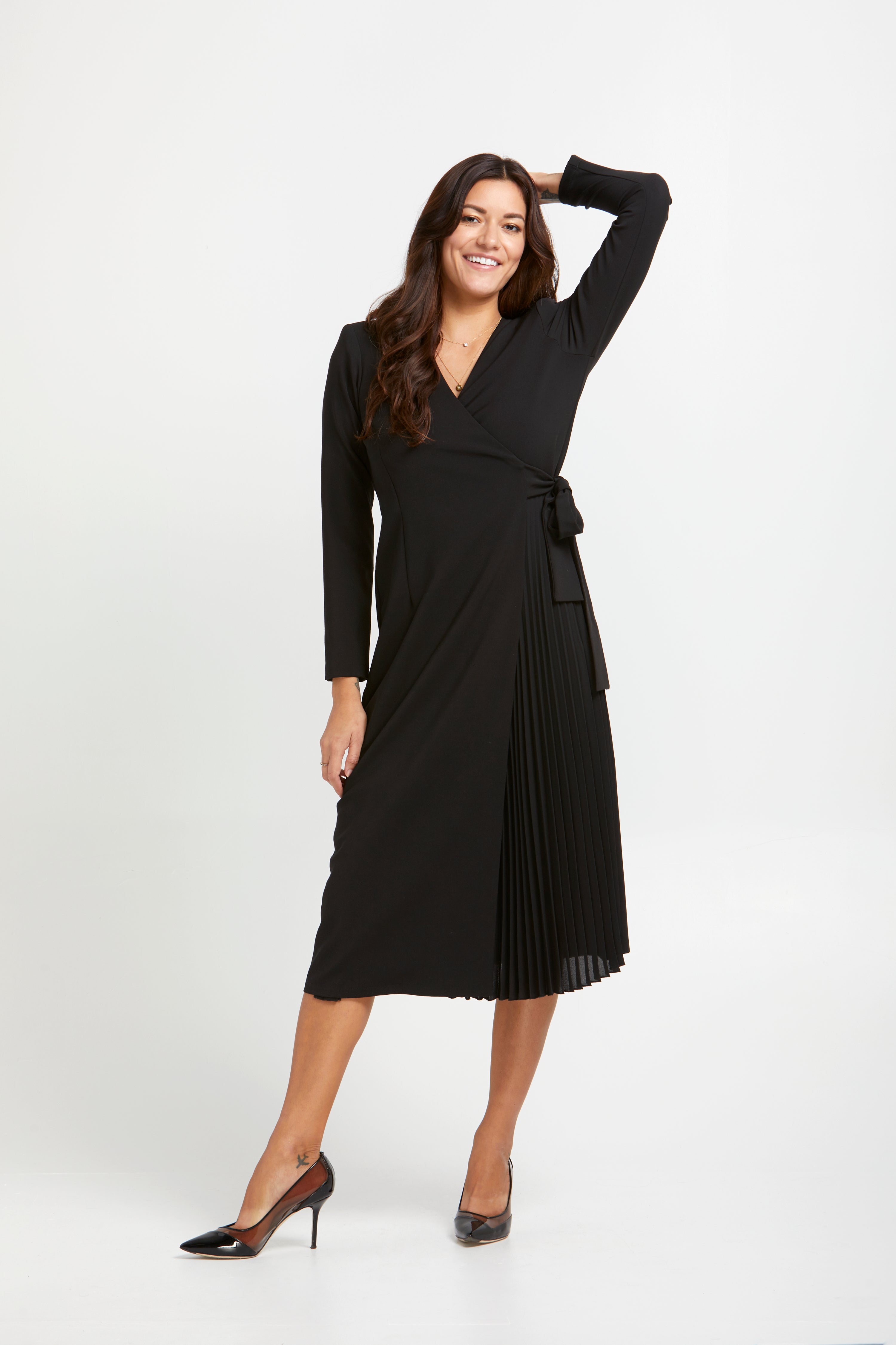 Cristina Gavioli Sofia Black Pleated Long Sleeve Wrap Dress- Italian Women Clothing