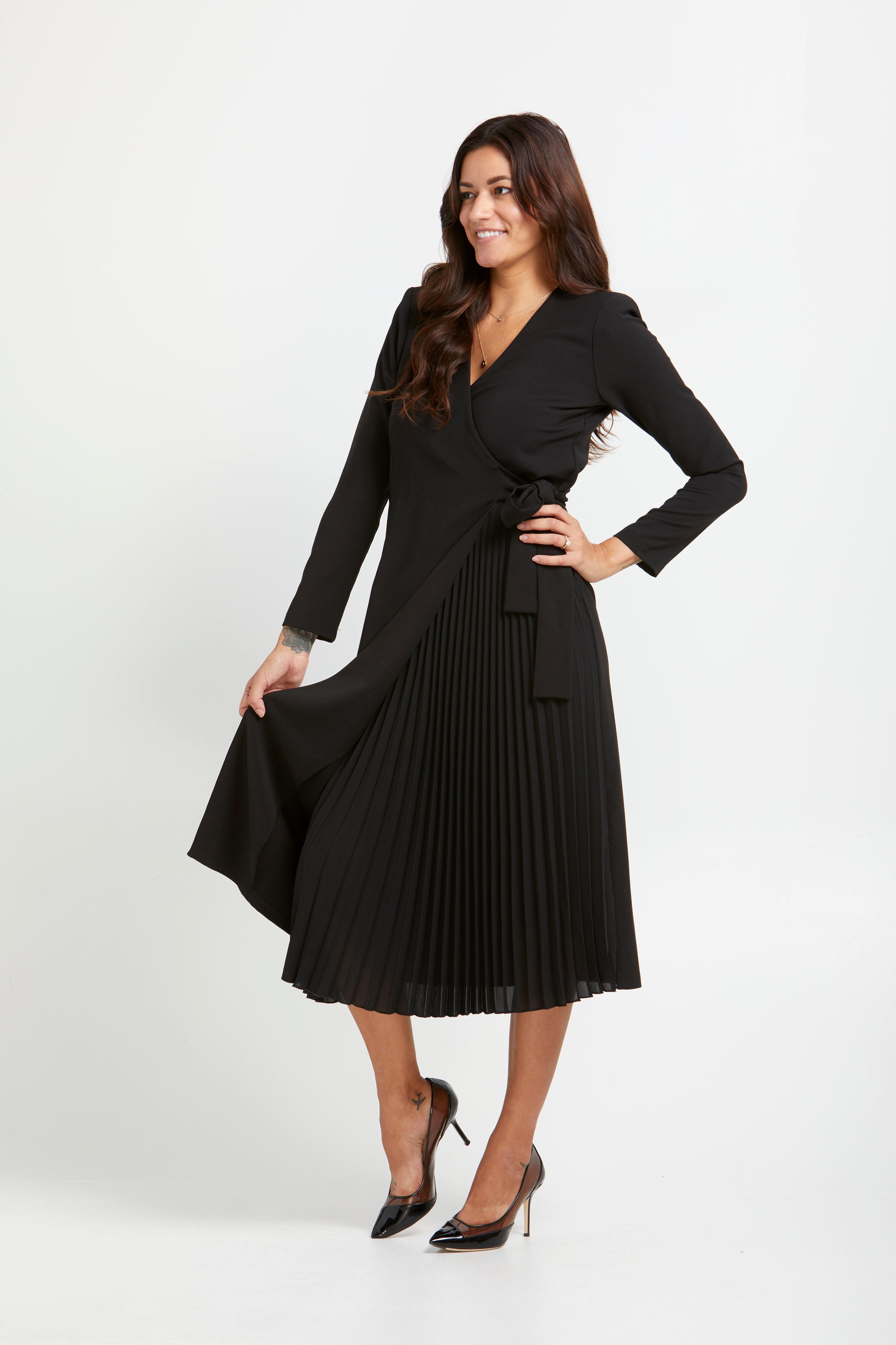 Sofia Black Pleated Long Sleeve Wrap Dress| Italian Fashion