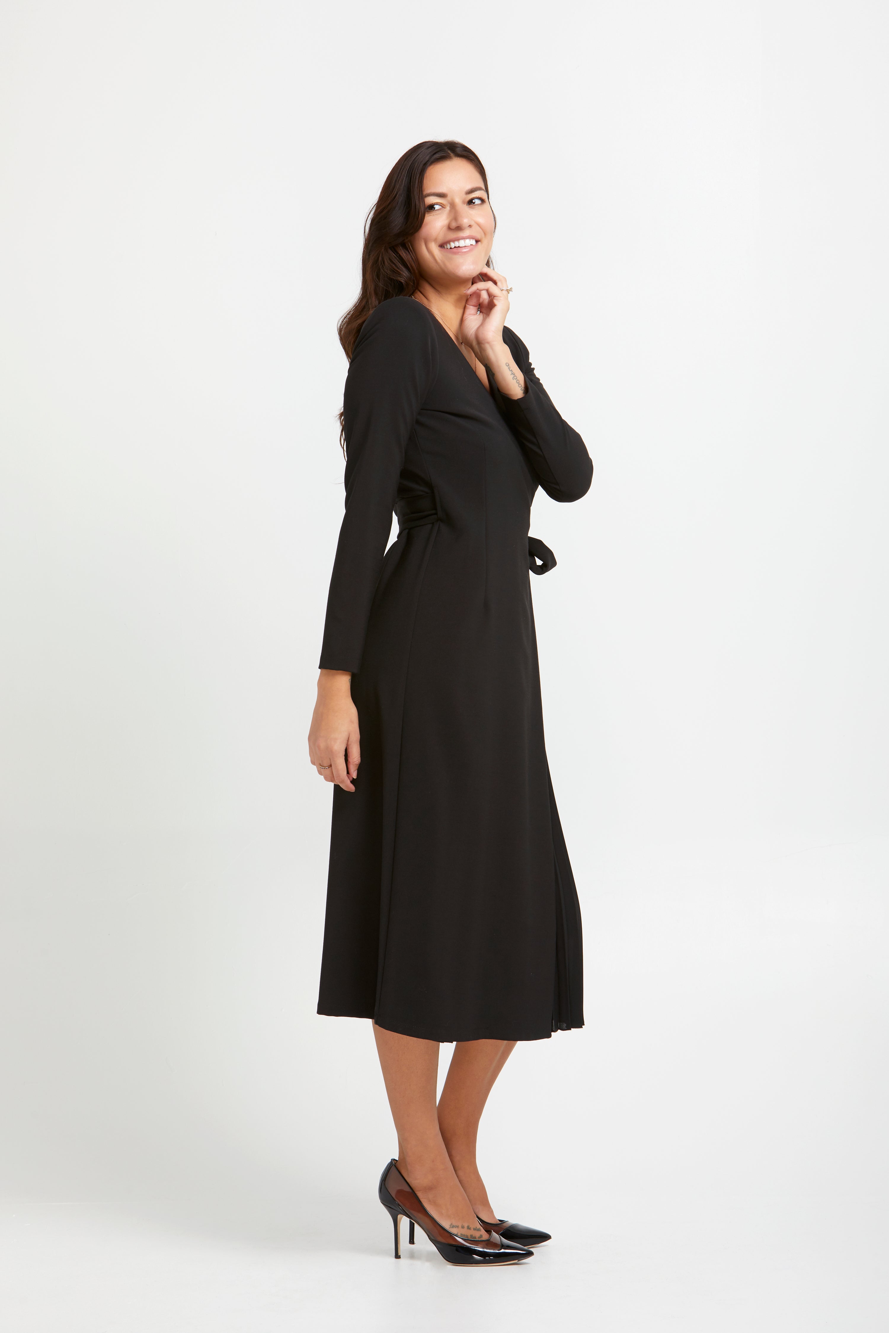 Cristina Gavioli Sofia Black Pleated Long Sleeve Wrap Dress- Italian Women Clothing