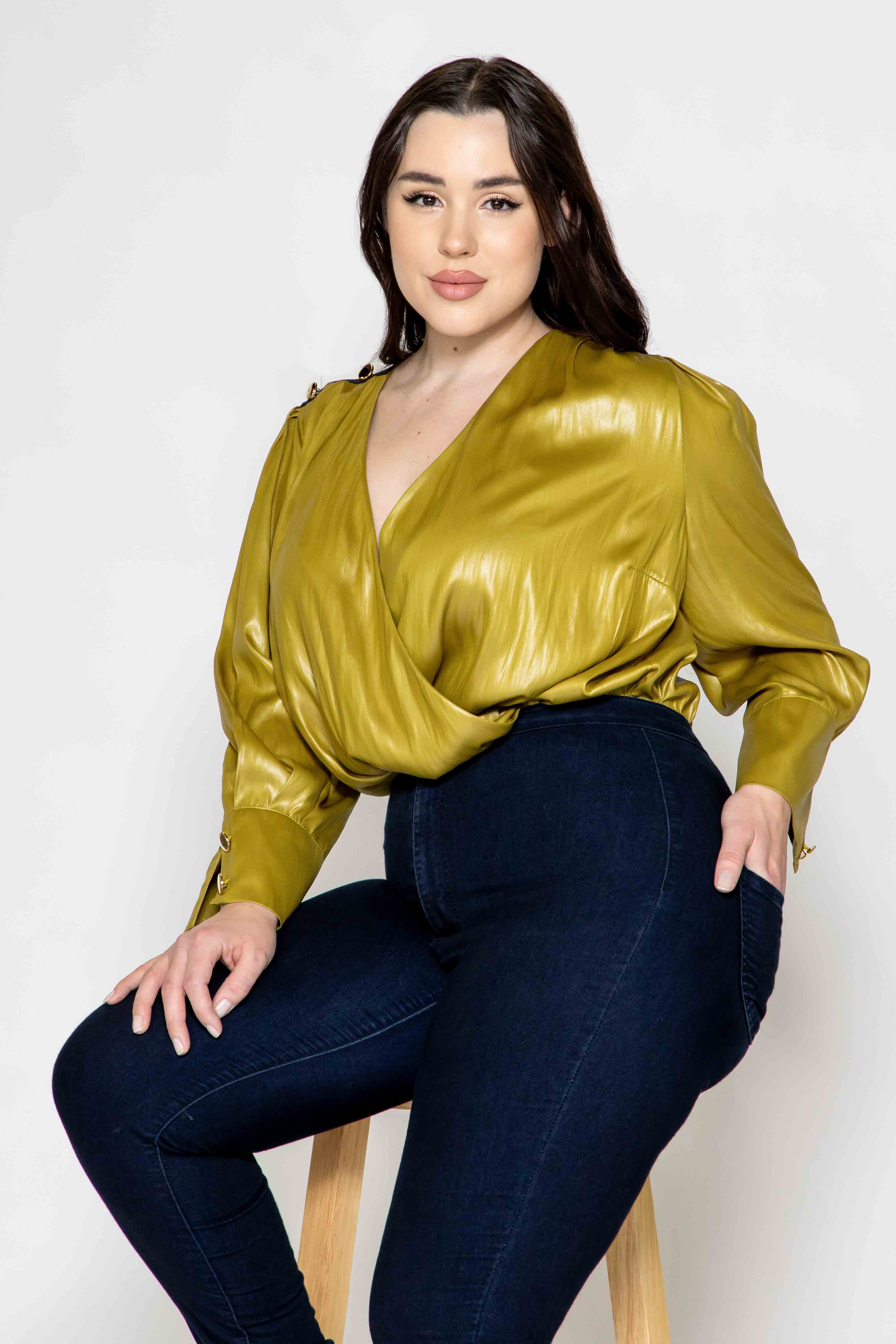 AnnaCristy Milano TOPS 50 Nicia Green and Gold Wrap Body Suit Plus Size