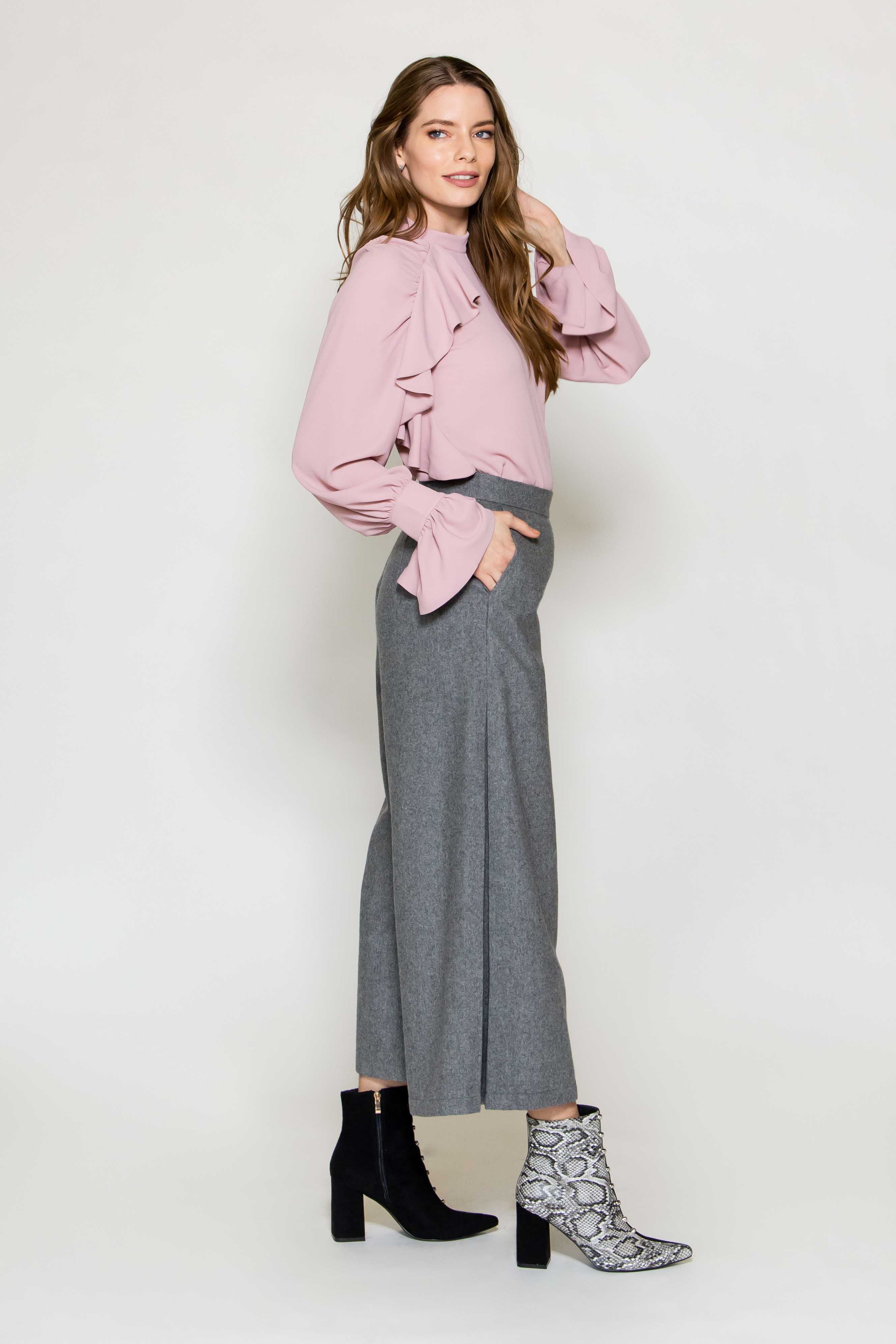 Marisé Eco . Couture Milan Grey Crepe Pocket Wool Pants with Anna Pink Ruffled Blouse- Italian Women's Clothing