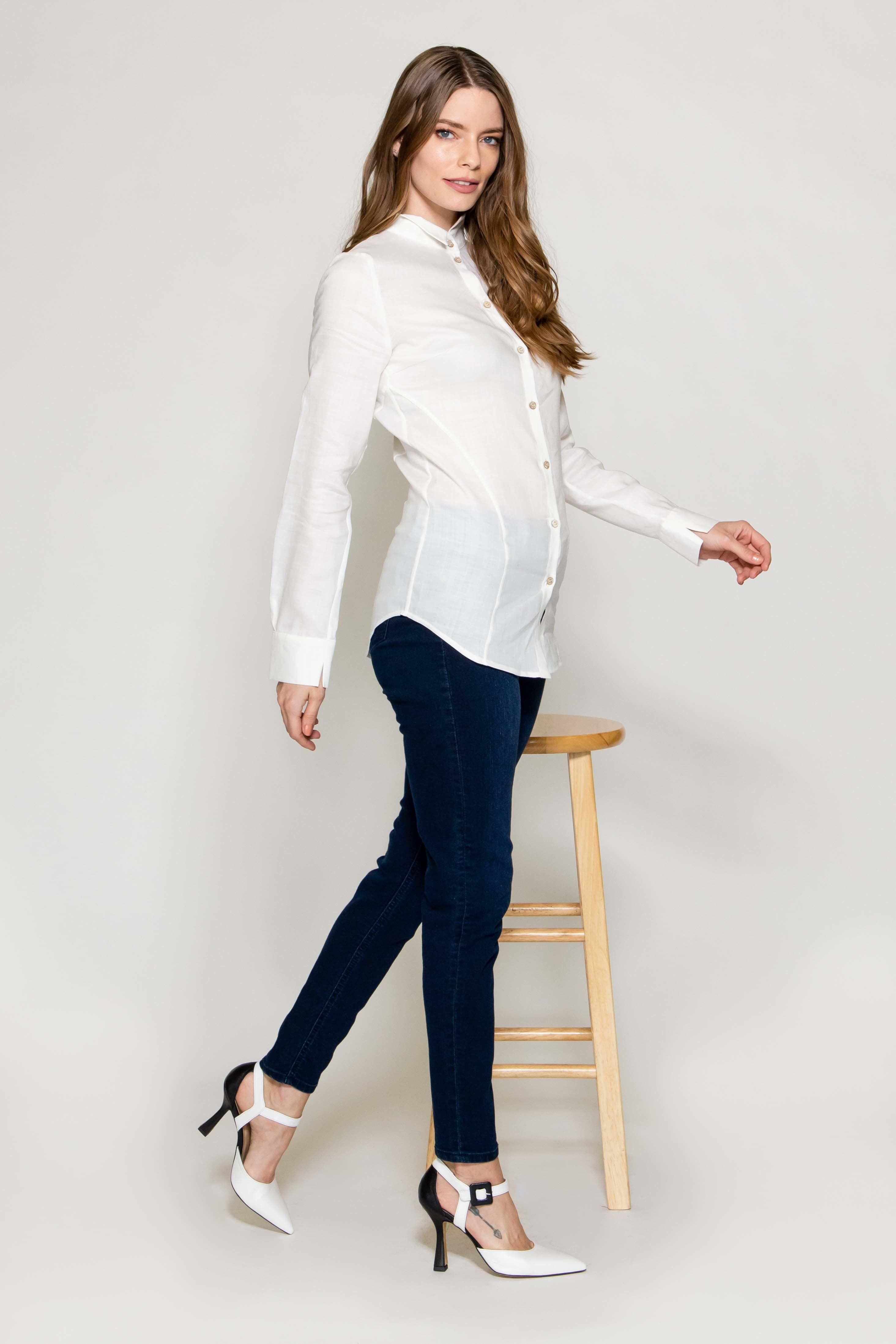Marisé Eco . Couture TOPS Bella White Collared Button Up Long Sleeve Shirt