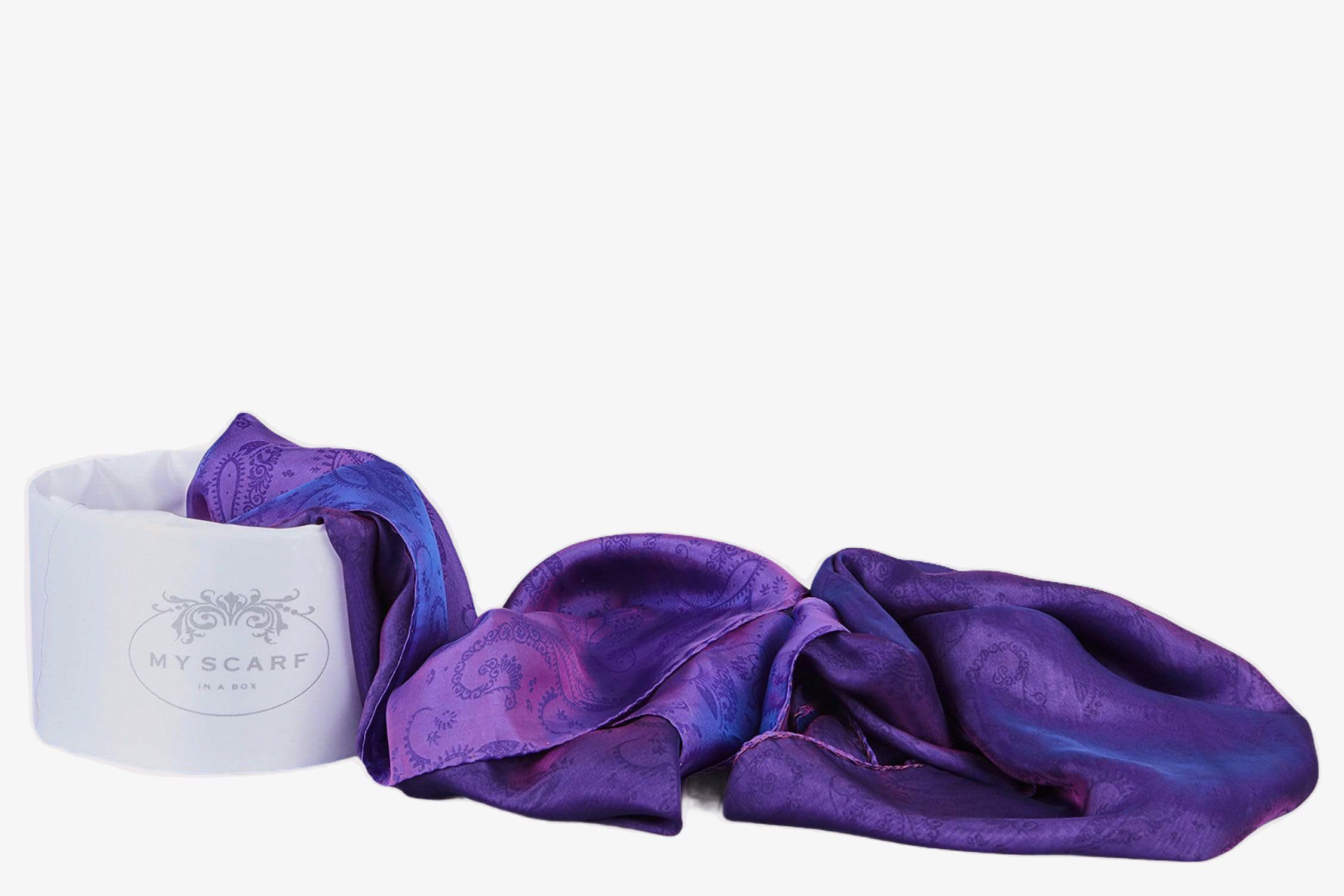 My Scarf In a Box SCARF Ravello Purple & Blue Cashmere Print Silk Scarf