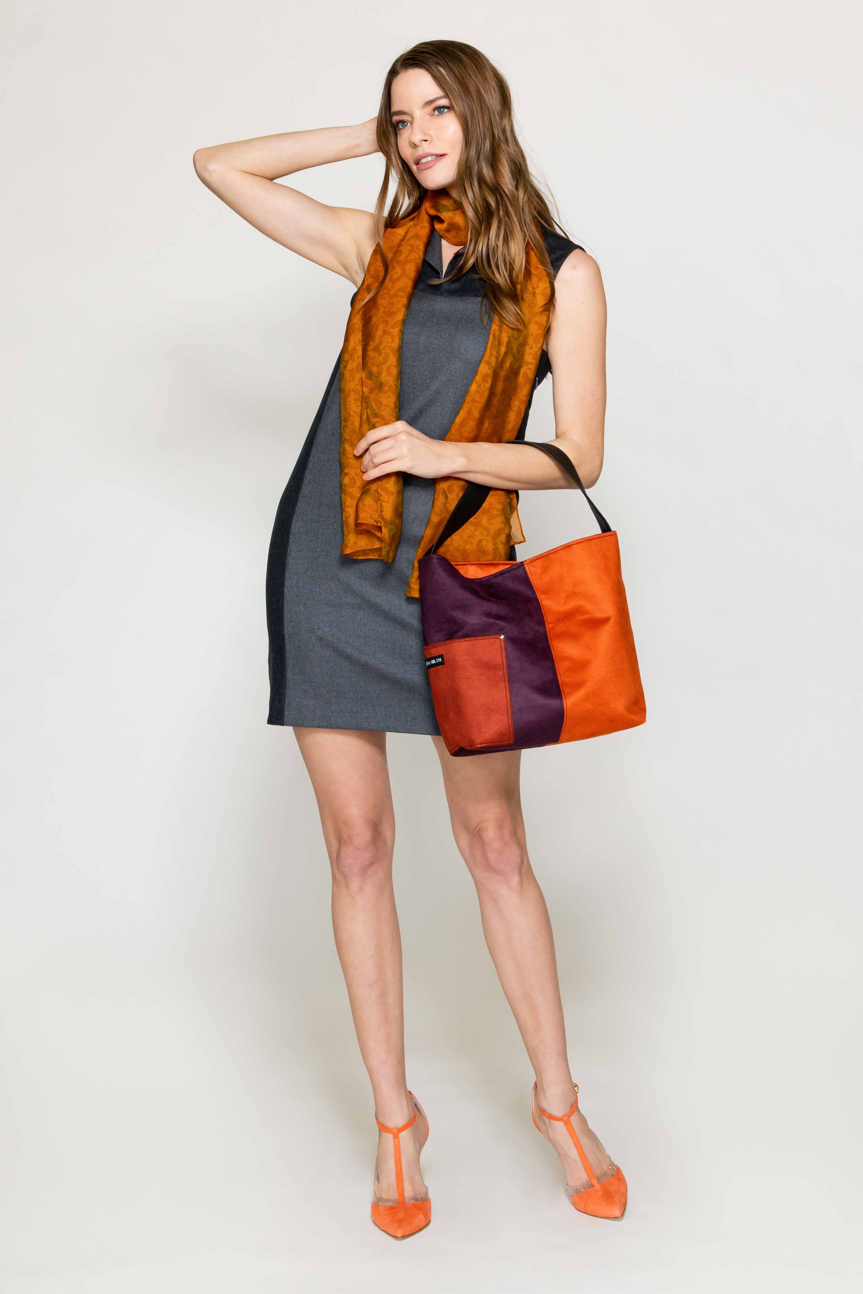 Sara Sabella 2-PIECE SET Pantheon Grey Wool Dress & Jacket Set With Diana Orange Suede Bag and Calipso Silk Scarf