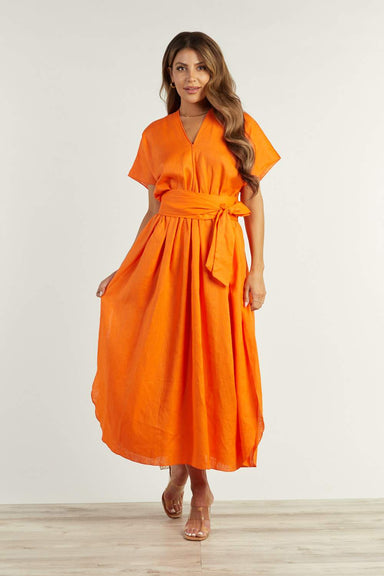 Sara Sabella DRESSES Marianna Orange Linen Belted Maxi Dress Plus size