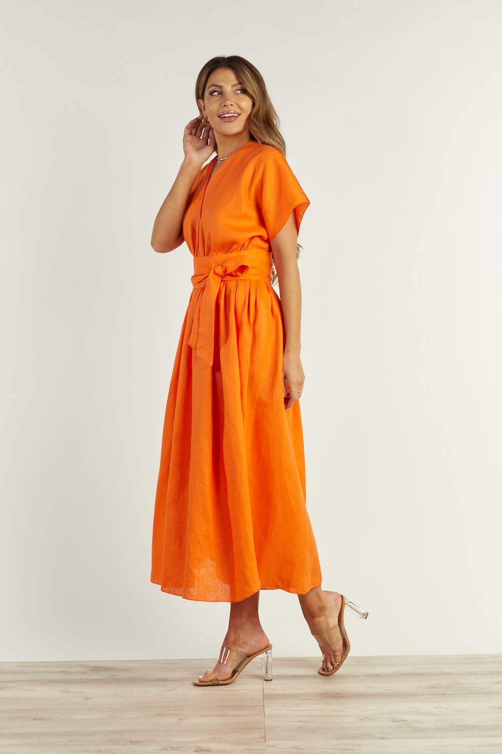 Sara Sabella DRESSES Marianna Orange Linen Belted Maxi Dress